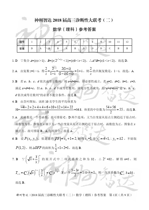 2018神州智达(数学理)联考二参考答案