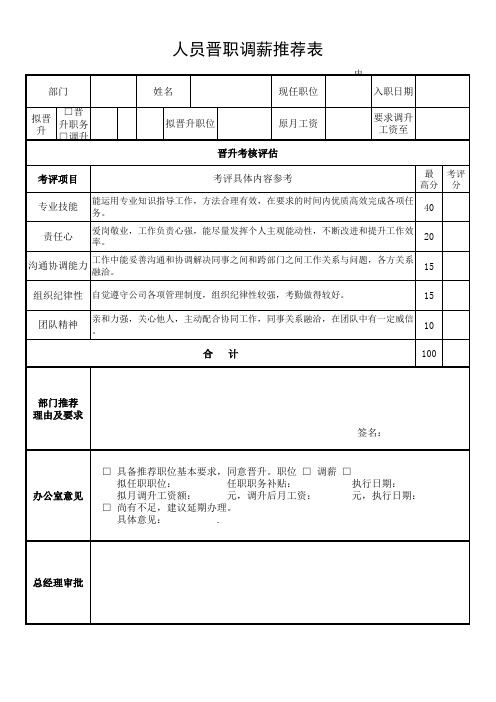 人员晋升推荐表