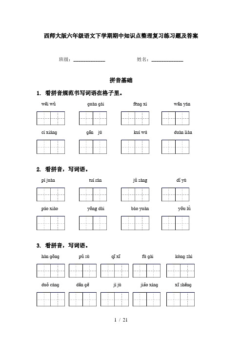 西师大版六年级语文下学期期中知识点整理复习练习题及答案