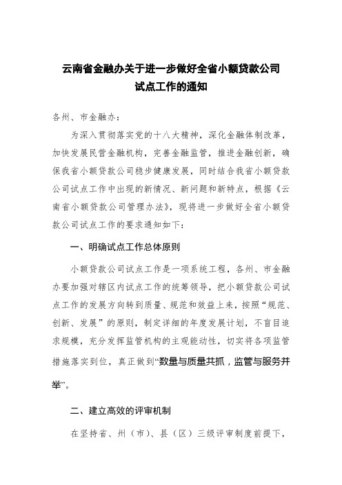 云南省金融办关于进一步做好全省小额贷款公司