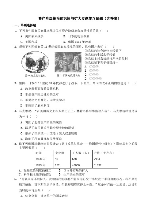 部编历史2019年中考专题复习：资产阶级统治的巩固与扩大  专题复习试题