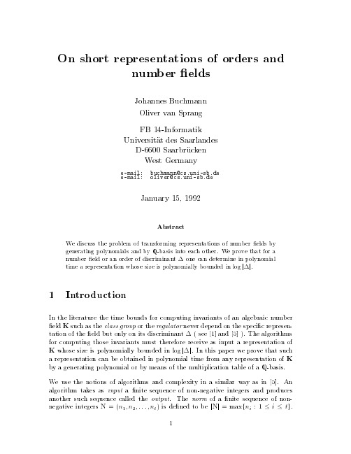 On short representations of orders and number fields