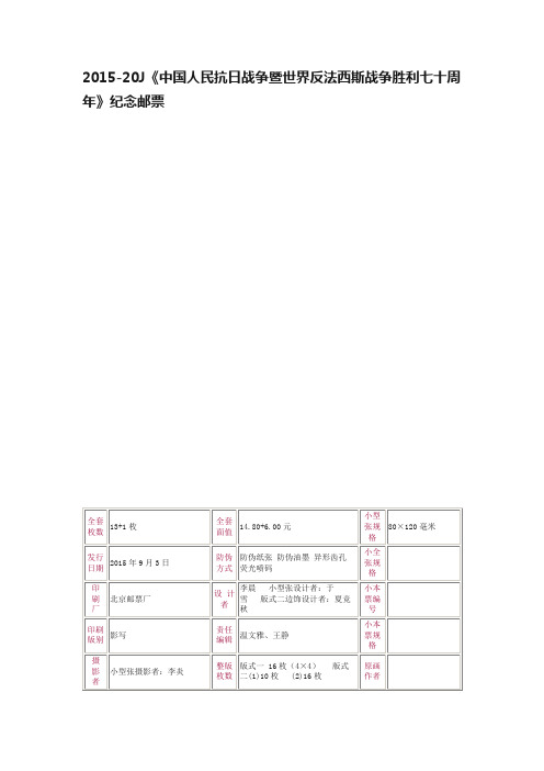 2015-20J《中国人民抗日战争暨世界反法西斯战争胜利七十周年》纪念邮票