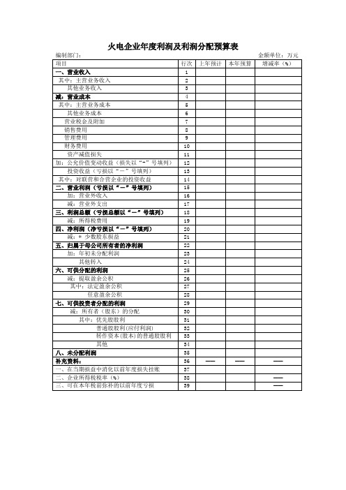 火电企业年度利润及利润分配预算表