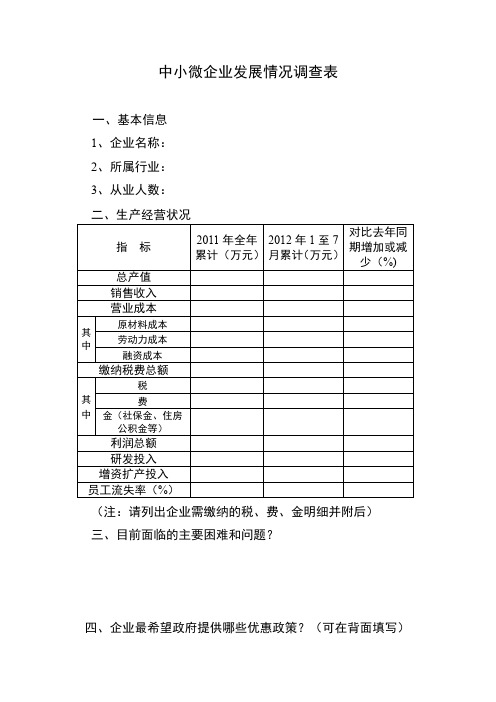 中小微企业发展情况调查表