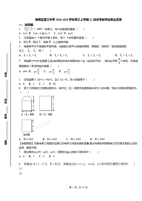 海南区第三中学2018-2019学年高三上学期11月月考数学试卷含答案