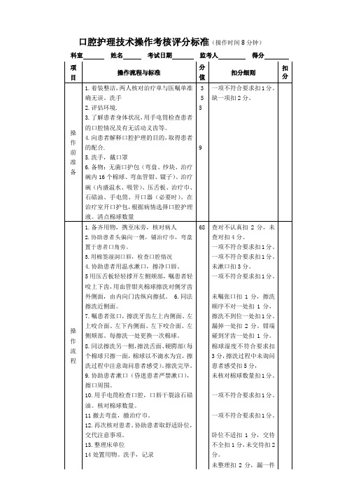 口腔护理操作考核评分标准