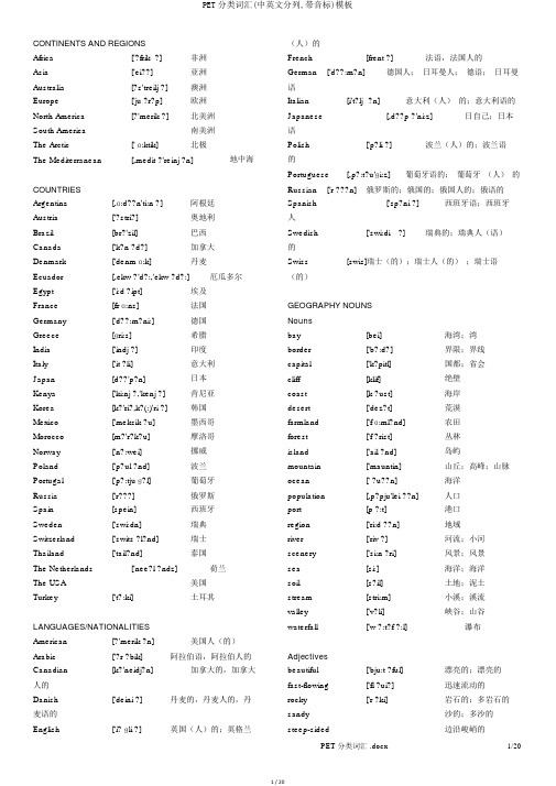 PET分类词汇(中英文分列,带音标)模板