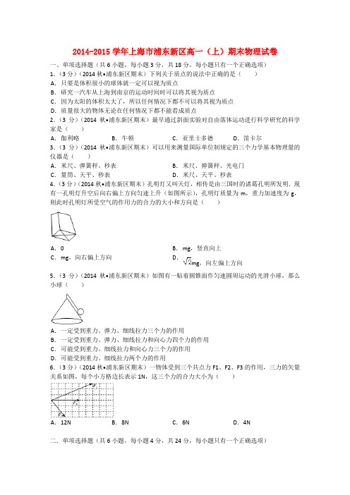 上海市浦东新区高一物理上学期期末试题(含解析)