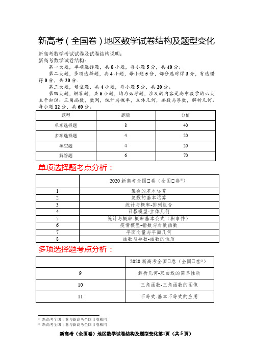 2020年新高考(全国卷地区)数学考试试卷结构及题型变化