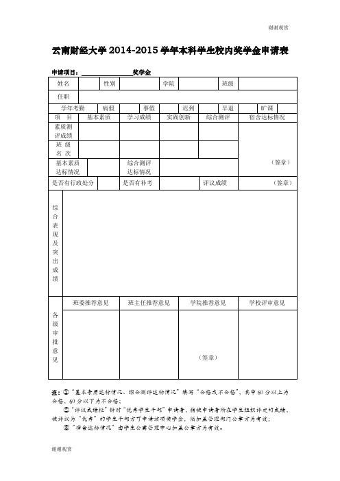 云南财经大学20142015学年本科学生校内奖学金申请表 .doc