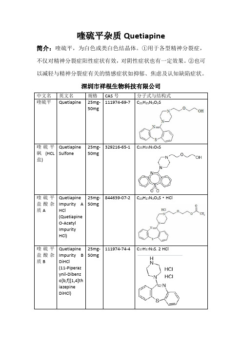 喹硫平杂质列表共享