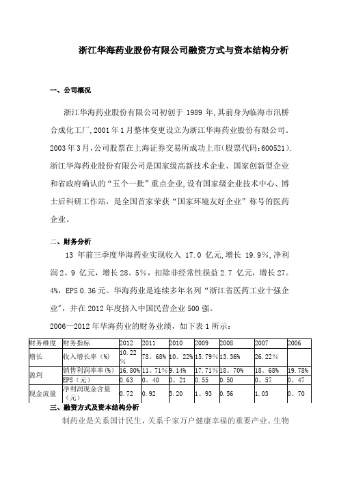 浙江华海药业股份有限公司融资方式与资本结构分析【模板范本】