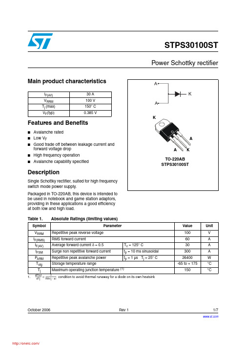 STPS30100ST;中文规格书,Datasheet资料