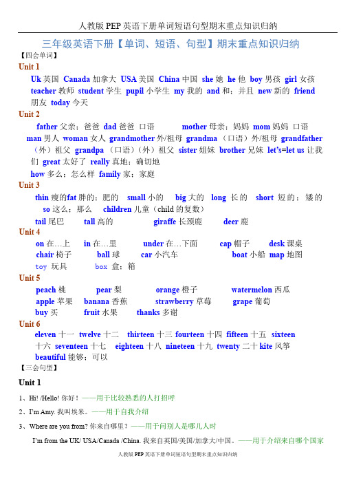 人教版PEP小学三年级英语下册【单词、短语、句型】期末重点知识归纳