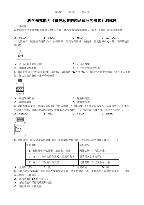 2020届中考化学第一轮科学探究能力《缺失标签的药品成分的探究》测试题(word版有答案)