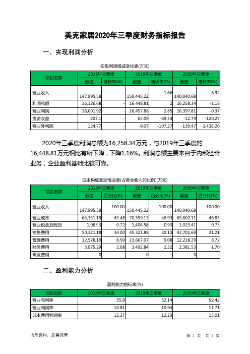 美克家居2020年三季度财务指标报告