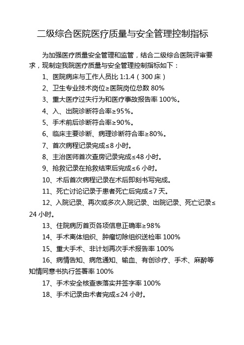 二级综合医院医疗质量与安全管理控制指标