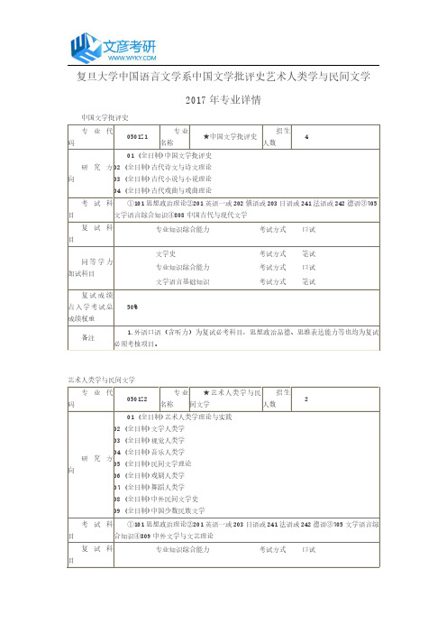 复旦大学中国语言文学系中国文学批评史艺术人类学与民间文学2017年专业详情