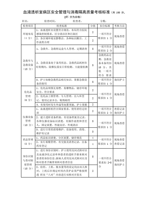 血液透析室病区安全管理与消毒隔离质量考核标准