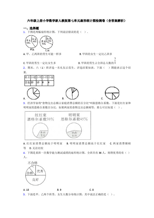 六年级上册小学数学新人教版第七单元扇形统计图检测卷(含答案解析)