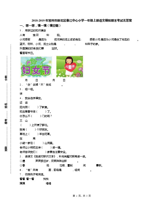 2018-2019年常州市新北区春江中心小学一年级上册语文模拟期末考试无答案