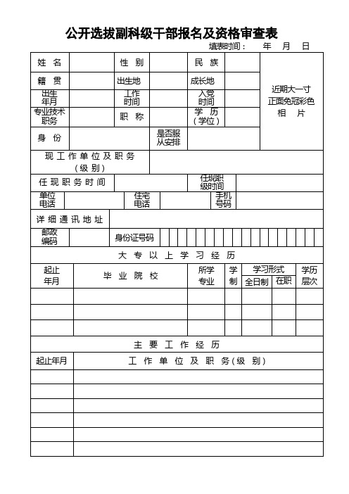 公开选拔副科级干部报名及资格审查表