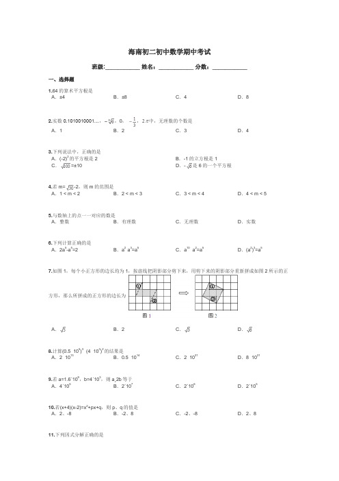 海南初二初中数学期中考试带答案解析
