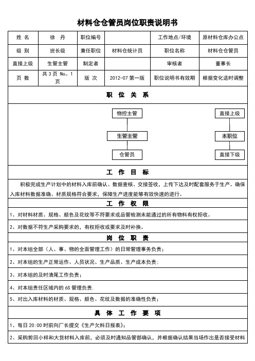 材料仓主管岗位职责说明书