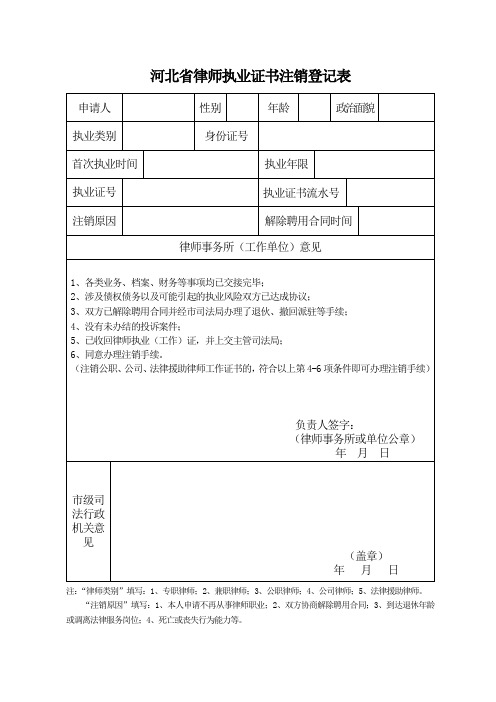 河北省律师执业证书注销登记表