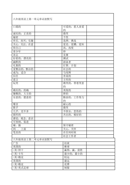 译林版八年级上册英语单词默写表