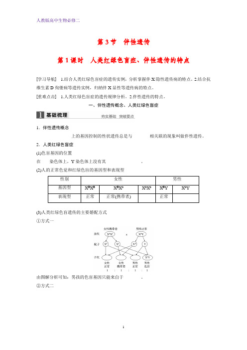 高中生物必修2精品学案：2.3.1人类红绿色盲症、伴性遗传的特点