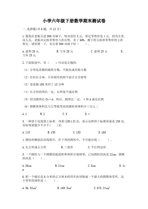 小学六年级下册数学期末测试卷附参考答案【满分必刷】