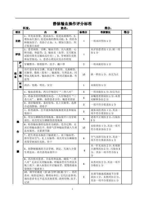 静脉输血操作评分标准