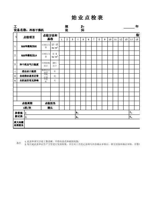 冷冻式干燥机始业点检表(开机检查)