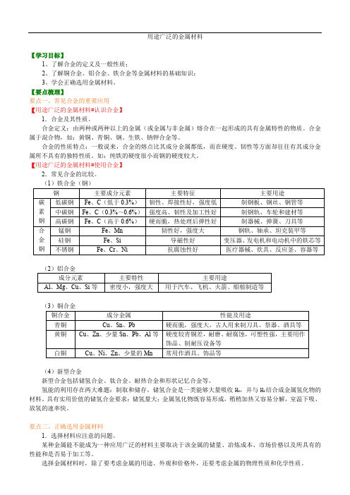 人教版高中化学必修一教学讲义,复习补习资料(含知识讲解,巩固练习):28用途广泛的金属材料