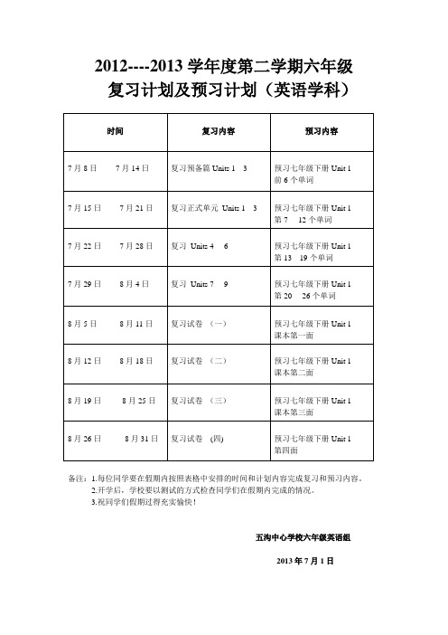 六年级英语复习及预习计划