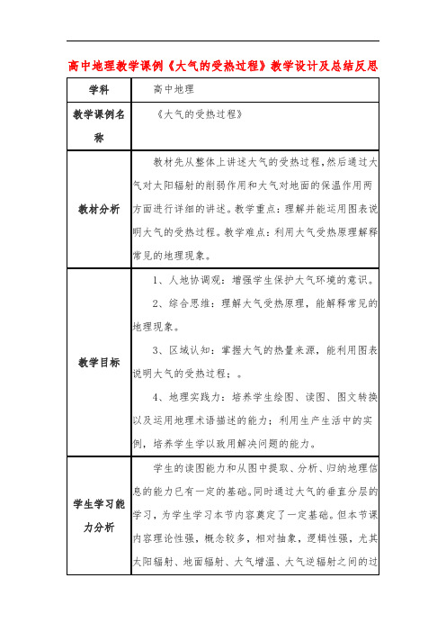 高中地理教学课例《大气的受热过程》课程思政核心素养教学设计及总结反思