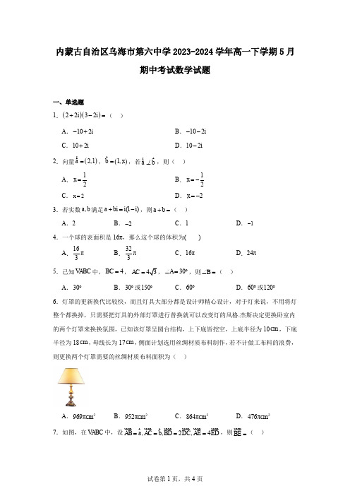 内蒙古自治区乌海市第六中学2023-2024学年高一下学期5月期中考试数学试题