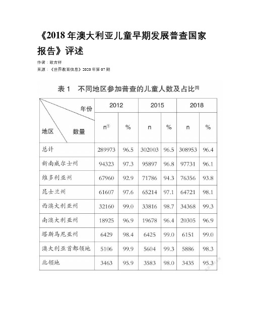 《2018年澳大利亚儿童早期发展普查国家报告》评述