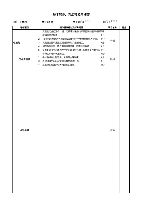 酒店工程部员工转正、晋级技能考核表