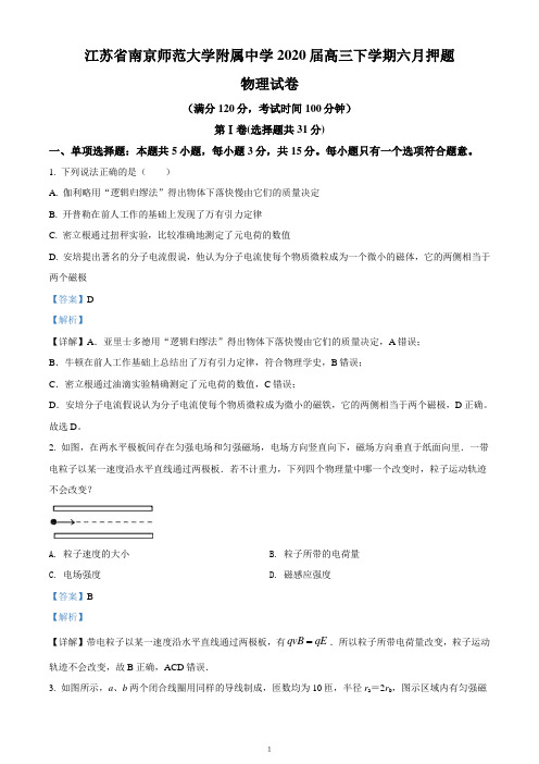 2020届江苏省南京师范大学附属中学高三(下)六月押题物理试题(解析word版)