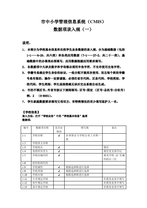 北京市中小学管理信息系统(CMIS)数据项描述