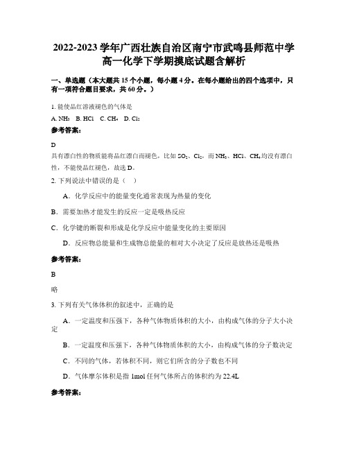 2022-2023学年广西壮族自治区南宁市武鸣县师范中学高一化学下学期摸底试题含解析