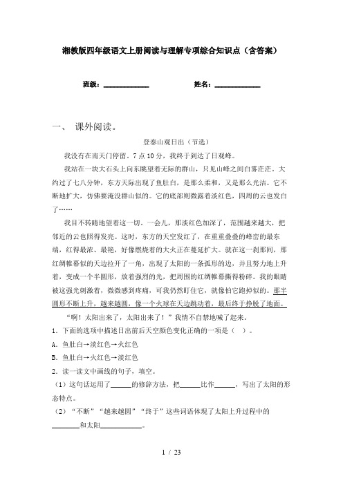 湘教版四年级语文上册阅读与理解专项综合知识点(含答案)