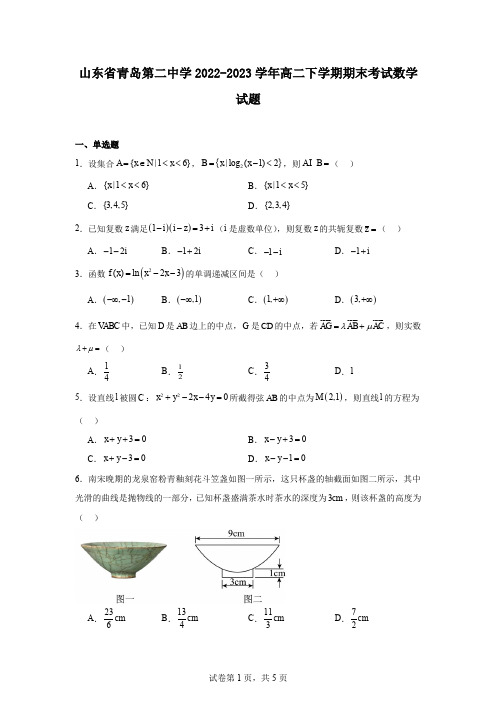 山东省青岛第二中学2022-2023学年高二下学期期末考试数学试题