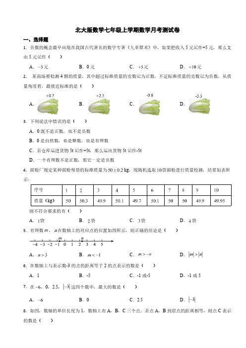 北大版数学七年级上学期数学月考测试卷附参考答案