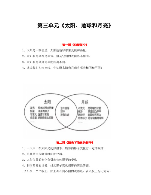 第三单元《太阳 、地球和月亮》知识点总结