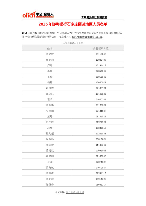 2016年邯郸银行石家庄面试地区人员名单