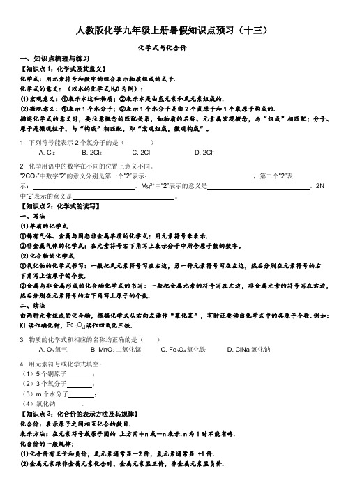 化学式与化合价暑假知识点预习(十三)---九年级化学人教版上册